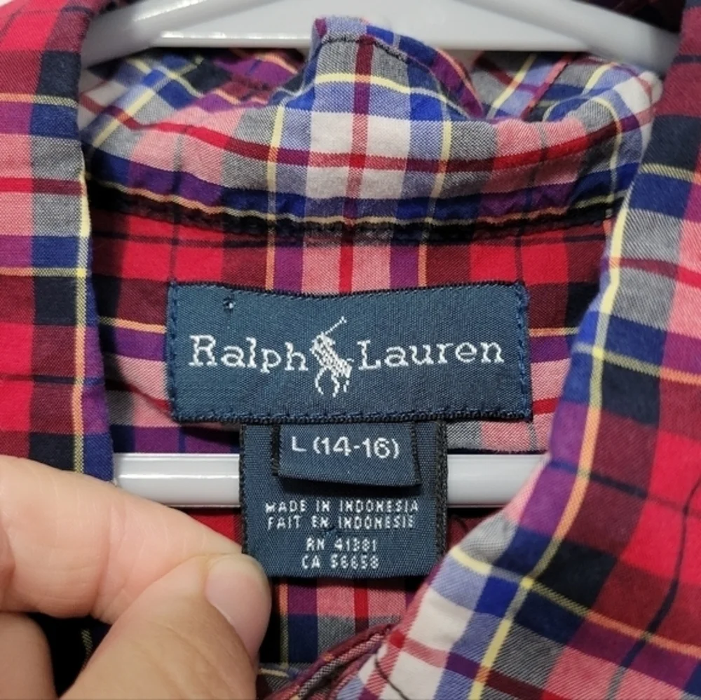 Ralph Lauren Boys Red Blue Plaid Button Down Shirt Size‎ L (14-16) Church Dressy